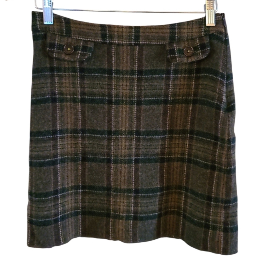 Boden Plaid 100% Wool Mini Skirt - Green,Brown, Gray